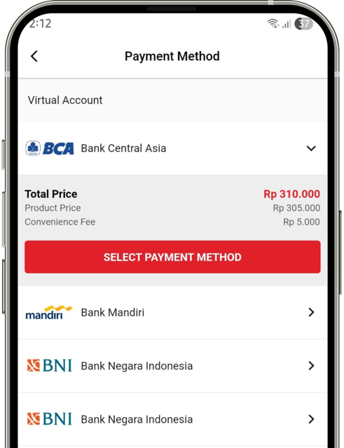 Tampilan pilihan metode pembayaran di aplikasi Yipy