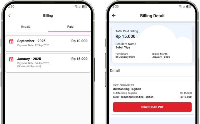 Tampilan riwayat pembayaran yang sudah lunas (Paid) di menu Billing