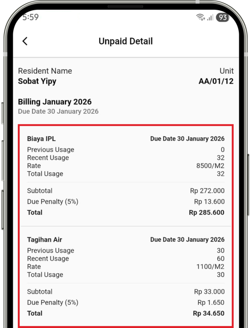 Ilustrasi detail tagihan lengkap pada bulan yang dipilih