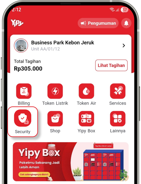 Tampilan memilih kategori Security di halaman Home aplikasi Yipy