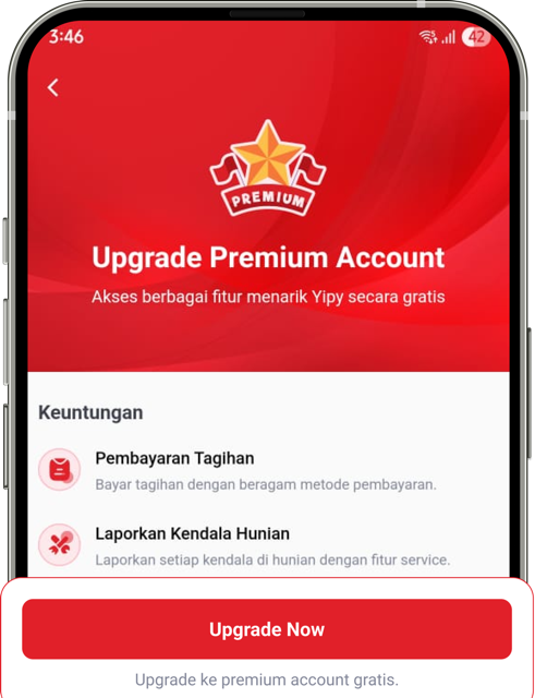 Halaman Upgrade Premium Yipy dengan tombol "Upgrade Now"