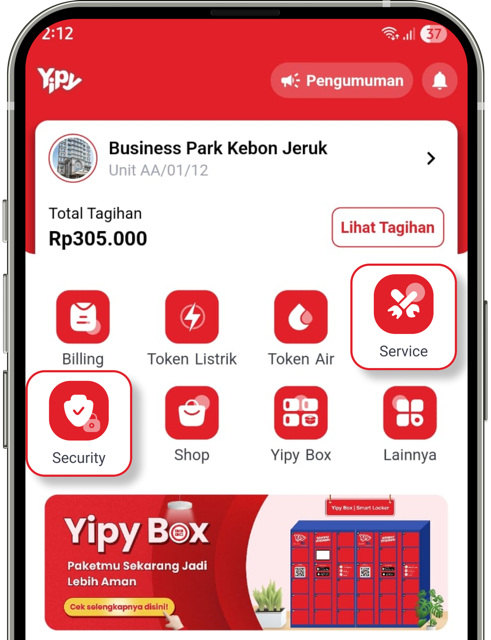 Tampilan menu kategori Service dan Security di halaman Home aplikasi Yipy