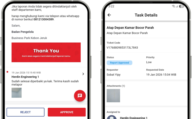 Tampilan tombol Approve untuk menyelesaikan laporan kendala hunian