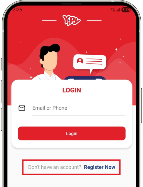 Ilustrasi halaman awal aplikasi Yipy dengan tombol Register Now