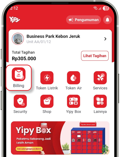 Tampilan menu Billing dan daftar tagihan yang belum dibayar