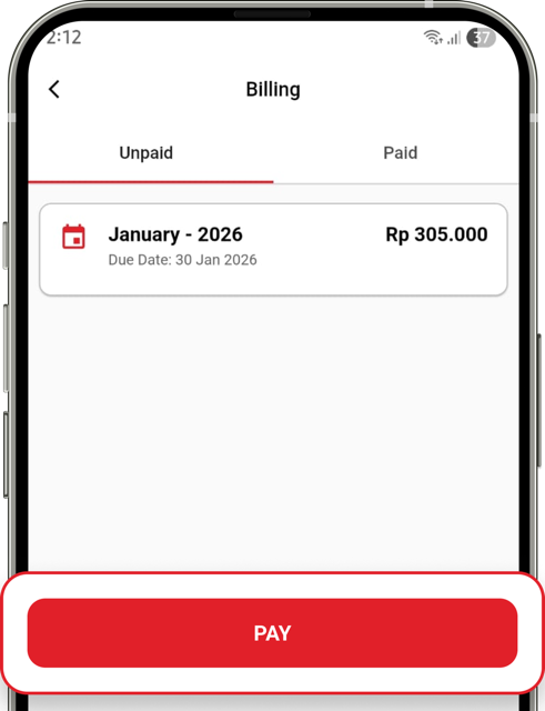 Tampilan tombol PAY untuk memulai proses pembayaran