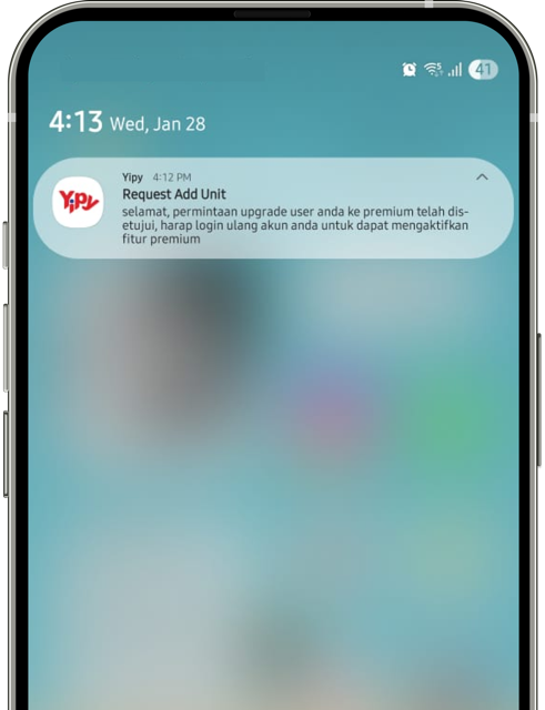 Tampilan notifikasi setelah upgrade premium user berhasil diverifikasi di Yipy