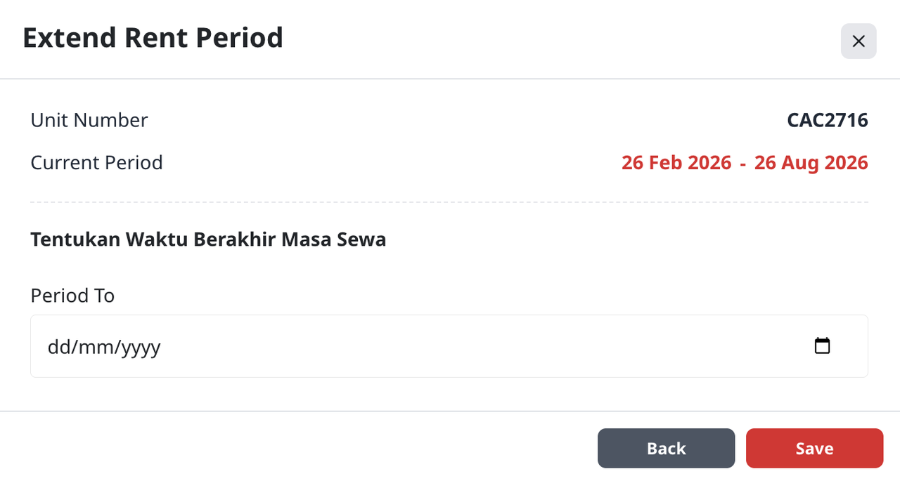 Tampilan menu untuk memperpanjang masa sewa penghuni di Web Management Yipy