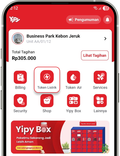 Tampilan menu Token Listrik di halaman utama aplikasi Yipy