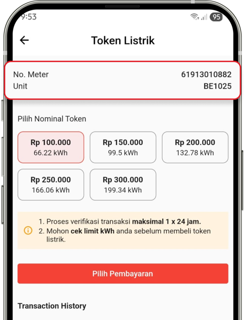 Tampilan form pengisian nomor meter dan unit listrik di aplikasi Yipy