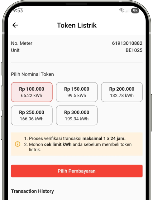 Tampilan pilihan nominal token listrik sebelum melanjutkan pembayaran