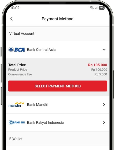 Tampilan pilihan metode pembayaran seperti VA, e-wallet, atau kartu debit/kredit