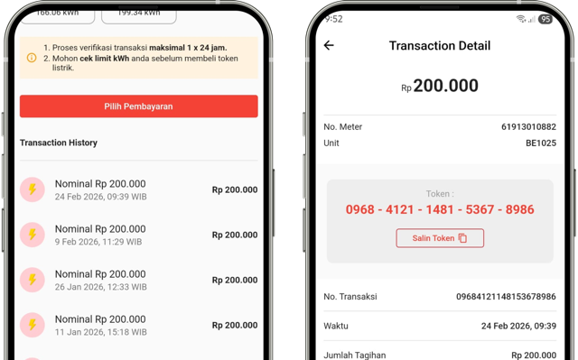 Tampilan halaman detail transaksi dengan kode token listrik yang dapat diinput ke meteran